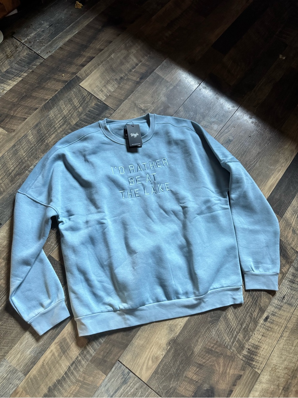 Waggle  Light Blue Crewneck Sweatshirt with Embroidered Slogan